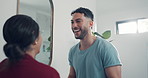 Laughing, love and morning with couple in bathroom for bonding, grooming and getting ready. Happiness, support and joke with man and woman talking in home for communication, hygiene and marriage