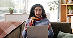 Woman, freelancer or video call with laptop for discussion, conversation or help on sofa in home. Female person, remote work or talking with headset or mic for virtual meeting, online chat or advice