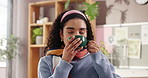 Smile, drinking coffee or woman in apartment to relax in lounge for cup of hot chocolate. Cappuccino, rest or happy person enjoying warm beverage and tea in home for cozy break, latte or caffeine