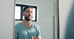 Happy man, mirror or beard check in bathroom with results or face reflection for grooming in morning. Check, cleaning or male person in home with smile, hygiene or beauty for facial hair inspection