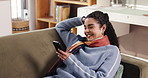 Laugh, phone and woman on sofa for social media, online networking and connection in home. Weekend, relax and happy person on smartphone for funny text, typing message and internet in living room