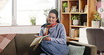 Woman, diary and happy with writing on sofa, relax or reflection with notes, journal or idea at home. Girl, writer and book on couch with smile, thinking or creative process for poetry in living room