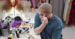 Makeup, drag artist and beauty with mirror for performance, show and getting ready. Cosmetics, aesthetic and person with reflection for lgbtq, art and makeover for self expression or individuality