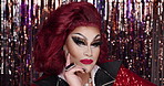 Makeup, drag artist and confidence with face for performance, show and aesthetic in club. Beauty, cosmetics and person with portrait for lgbtq, art and attitude for self expression or individuality