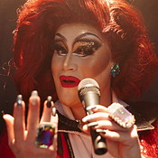 Drag artist, mic and face of person with creative expression for show ...