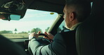 Business, commute and driving with man in car for transportation to job or work location. Road, traffic and travel with mature corporate employee in vehicle for morning journey to destination