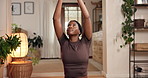Home, meditation and black woman with wellness, pilates and yoga with breathing. African person, apartment and yogi with position, exercise and stress relief with peace, mindset and morning routine