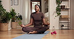 Breathing, woman and mindfulness for meditation, home or morning routine for mental health or lotus. House, zen and black person with inner peace, wellness and self awareness on floor or healing