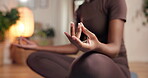 Lotus, hands and calm for meditation, home or morning routine for mindfulness, mental health or zen. House, yoga and person with inner peace, wellness and self awareness on floor, healing and posture