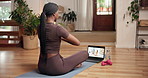 Laptop, yoga mat and person in home for meditation, online tutorial and mindfulness class. Holistic, computer and person with calm, zen energy and peace for wellness, mental health and virtual lesson