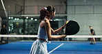 Back, woman and serve with racket for padel games, sports training and practice for competition. Athlete, people and tennis with ball for contest performance, match preparation and fitness tournament