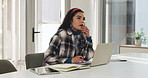 Thinking, creative and woman with laptop, office and copywriter with ideas for article, web or blog. Reflection, employee and planning for email marketing, online and person with tech for project
