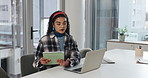 Laptop, reading and tablet with business woman at desk in office for creative planning or strategy. App, computer and web development with design employee in workplace for research or schedule