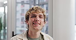 Face, creative and smile with business man in office for pride or about us with copywriter. Portrait, intern and happy professional employee with career opportunity as content writer in Switzerland