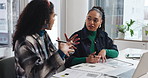 Conversation, business and women in office, laptop and feedback for news report, advice and internet. Discussion, employees and journalist in meeting, pc and research for article and brainstorming