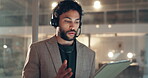 Business, man and talk with tablet at call centre for help, inquiry and customer service at night. Person, headset and digital of client feedback, telecom advice and information of procedure deadline