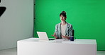 Talking, woman and journalist with breaking news, green screen or reporting live for global updates. Tv, reporter and person with information for public, press and broadcast of announcement in studio