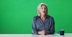 Face, talk and woman with breaking news, green screen or national update, journalist or information. Tv, reporter and mature person with announcement for public, mockup space and anchor in studio