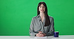 Woman, face and news reporter with green screen, talk and mockup space for headlines, update or info at studio. Person, speaker or anchor with story, chromakey and tv presenter on show in Portugal