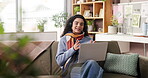 Woman, headset and online meeting with laptop on sofa for discussion, conversation or chat in home. Female person, freelancer or remote work with computer for virtual talk, advice or communication