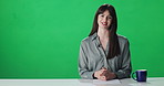 Woman, face and news anchor with green screen, talk and mockup space for headlines, update or info at studio. Person, speaker or reporter with story, chromakey and tv presenter on show in England