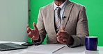 News anchor, hands and speaker with script, talking and notes on green screen. Reporter, speech and presenter in studio for broadcast, media work and report communication for journalism or weather