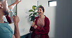 Dancing, couple and singing in bathroom, fun or happiness for hygiene in home, relationship or love. Karaoke, man and woman with toothbrush, grooming and performance in house, romance or bonding