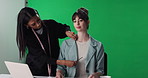 Reporter, stylist and woman with green screen for news, journalism and network broadcast in studio. Portrait, anchor and happy person with assistant for media story, announcement and live streaming