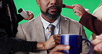 Hands, news reporter and makeup brush with wardrobe in studio with support staff, help and broadcast. Person, team and cosmetics application with mic check, coffee or behind the scenes for tv show