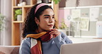 Remote work, woman and thinking with laptop on sofa for creative inspiration, story editing or blog. Freelancer, writer and tech in home with ideas for article headline, proofreading and publication