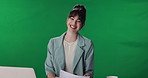 Reporter, face and woman with green screen for news, journalism and network broadcast in studio. Anchor, production and person with assistant for media story, press announcement and live streaming