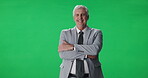 Face, man and anchor with arms crossed on green screen for career pride, about us and breaking news. Mockup space, mature person and confident for reporting headlines, public announcement in studio