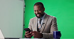 Man, news anchor and mobile in studio for media, green screen or laugh at meme. Black person, mature reporter or happy journalist with phone to fact check story, scroll or reading funny email online