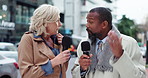 Talking, microphone and reporters with interview in city with announcement on live television. Weather, people and interviewer with journalist for broadcast news, information or update in urban town.