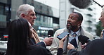 News reporter, press and angry politician in street for policy critique, question and live broadcast. Journalism, people and interview in city with mayor for political announcement and disagreement