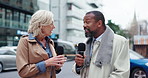 Face, microphone and reporters with interview in city with announcement on live television. Talking, people and interviewer with journalist for broadcasting news, information or update in urban town.