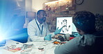 People, detective and talk with computer in office for investigation, evidence and suspect dna. Men, explain and screen with crime inspection, homicide feedback and fingerprint information for murder