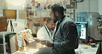 Man, detective and smoke with picture in office for investigation, evidence and crime scene. Male person, cigarette and review murder case for forensic clues, suspect motive and homicide information