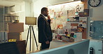 Thinking, black man and detective with evidence board of investigation, crime scene and clue map. Police, stress and bulletin for urgent case at night, new Information and forensic review of deadline
