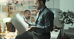 Man, detective and reading document in office for investigation, evidence and crime report. Male person, review and paperwork for murder case, forensic information and witness statement of homicide