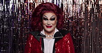 Face, beauty and drag artist laugh for show, performance and self expression in theater. LGBTQ, cosmetics and portrait of happy person with makeup, funny and fashion aesthetic for glamour in club