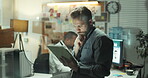 Detective, thinking and tablet with man in office for criminal records, arrest warrant or night. Crime investigation deadline, reflection or digital report with person in police department for vision