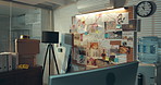 Office, board and police investigation at empty workplace with mind map, link and proof for crime. Evidence, computer and furniture for planning, interior and problem solving with inspection for lead