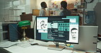 Station, screen or search on computer for investigation, identity evidence or picture in night. Wanted fugitive, late or people with record database for solving crime, fingerprint or police detective