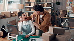 People, laugh and high five with laptop for distribution success, ecommerce and sales target. Excited, staff and pc with delivery achievement, shipping deal and celebration of supply chain promotion