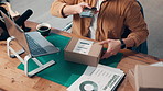 Man, hands and phone with box in logistics for scan, inventory check or stock distribution. Top view, male person or distributor with mobile smartphone or package for shipping app or supply chain