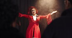 Showcase, singer and stage with drag performer in theater for lgbt culture, nightlife and spotlight. Queer identity, entertainment and music with person at event for talent, audience and pride