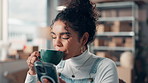 Coffee, phone and business woman with boxes for shipping, distribution and supply chain. Happy, break and person with drink on smartphone for internet, website and online inventory for logistics