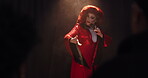 Audience, singer and stage with drag performer in theater for lgbt culture, nightlife and spotlight show. Queer identity, entertainment and music with person at event for microphone and pride