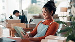 Tablet, shipping and happy woman laugh in office for small business, distribution and supply chain. Technology, logistics and worker with app for stock management, sale or reading funny review online